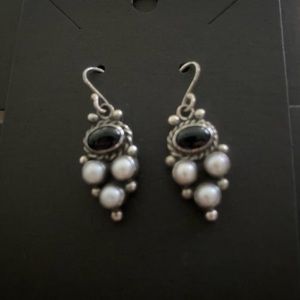 Black onyx, pearl and sterling silver earrings
